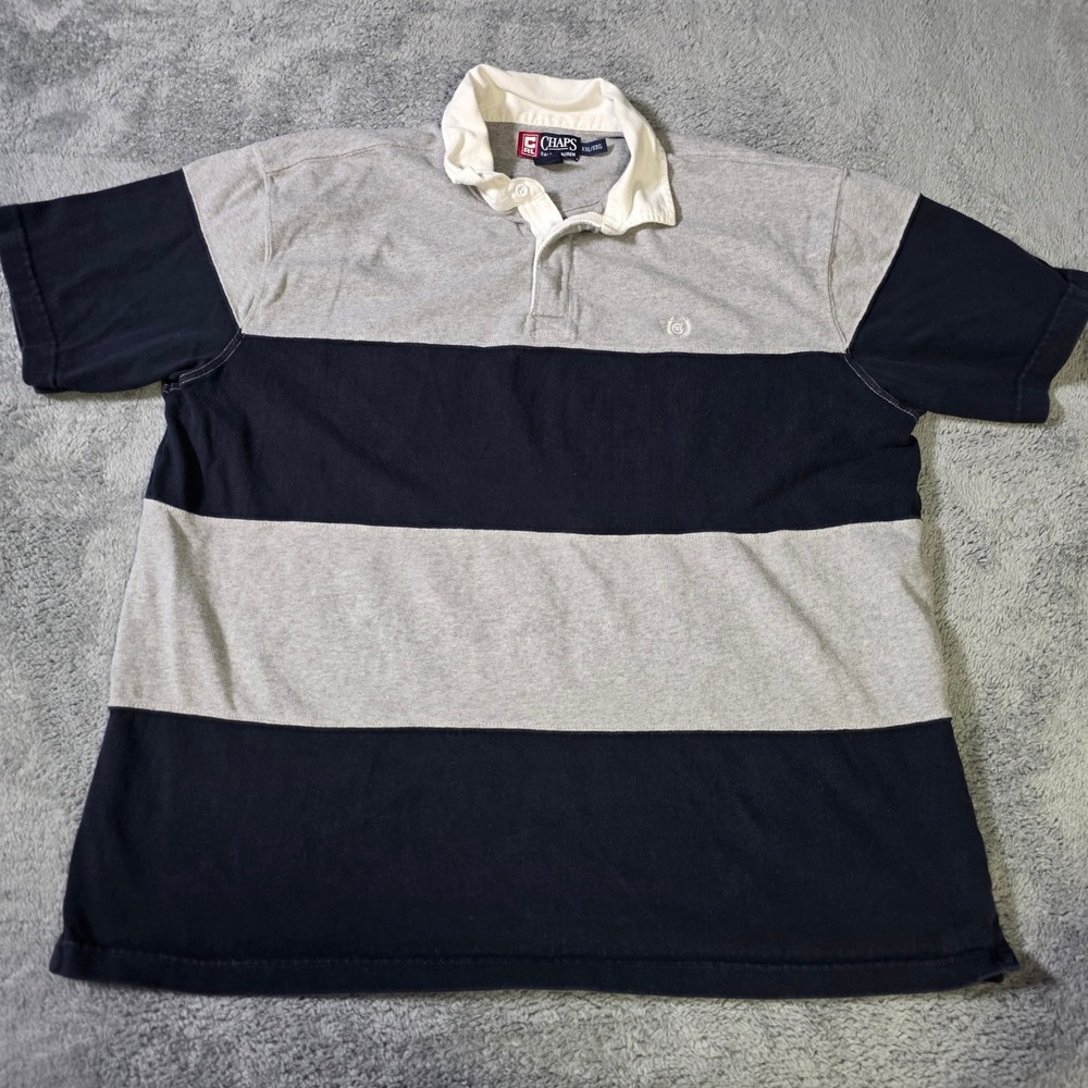 Chaps Ralph Lauren Mens XXL Rugby Polo Shirt Gray Navy Blue Striped Vintage